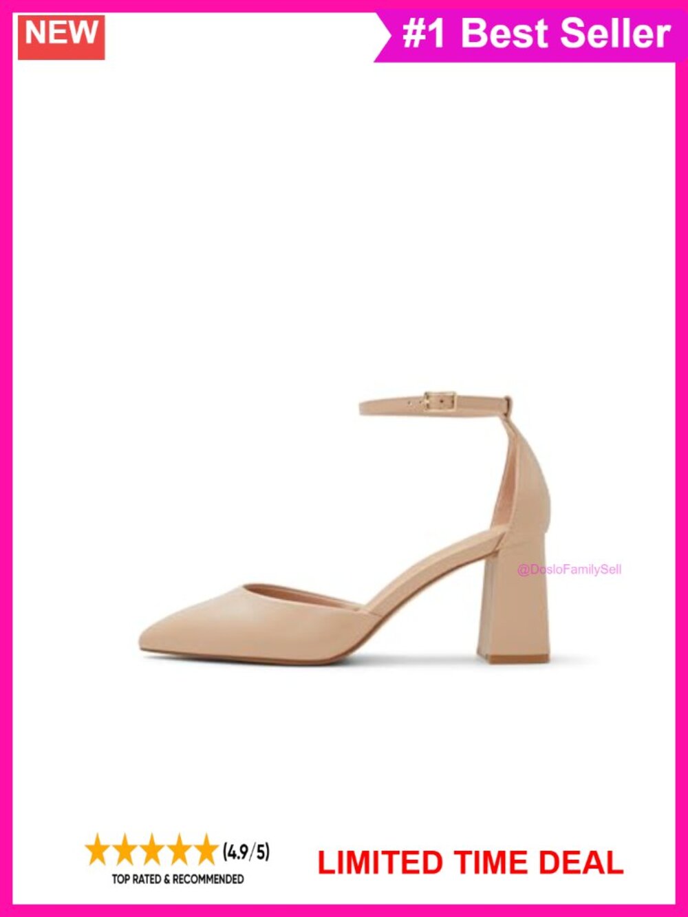 Womens Leather Ankle Strap Block Heeled Pump Pointed Toe Formal Shoe
